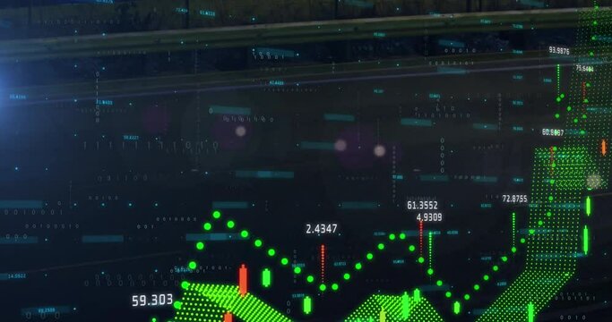 Animation of glitched technique with multiple graphs and changing numbers over black background