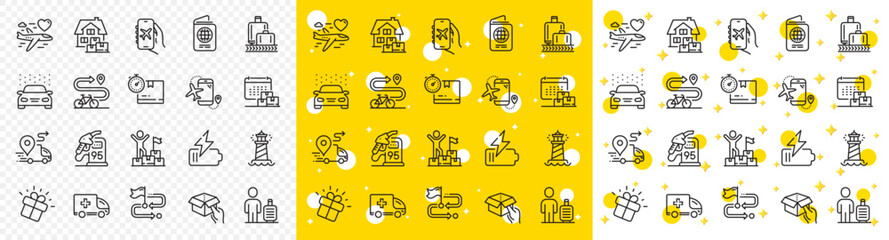 Outline Baggage reclaim, Hold box and Cardboard box line icons pack for web with Car wash, Home moving, Gift line icon. Travel path, Flight mode, Delivery pictogram icon. Vector