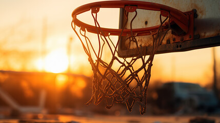 Fototapeta na wymiar Close-up of a Weathered Basketball Hoop Against a Sunset Sky.