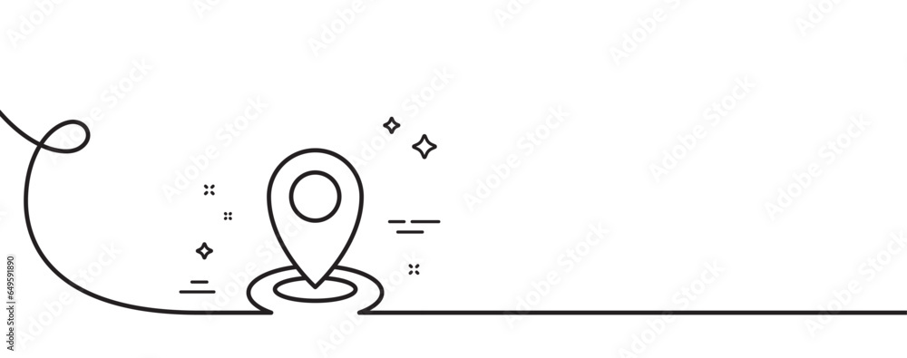 Poster location line icon. continuous one line with curl. map pointer sign. location single outline ribbon.