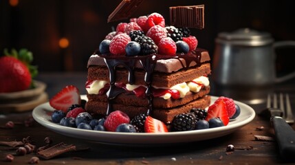 Delectable dessert, layers of chocolate and cream adorned with fresh berries, captures the essence of gourmet indulgence.