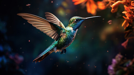 Obraz premium A hummingbird, its wings a blur, hovers above a vibrant flower, sipping nectar with precision.