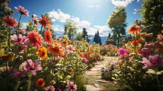 Garden in full bloom, with flowers of every conceivable color, radiates life and exuberance in the midday sun.