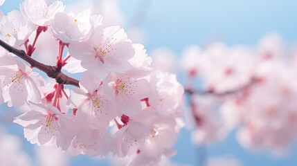 A serene morning scene capturing delicate cherry blossoms covered in dew.