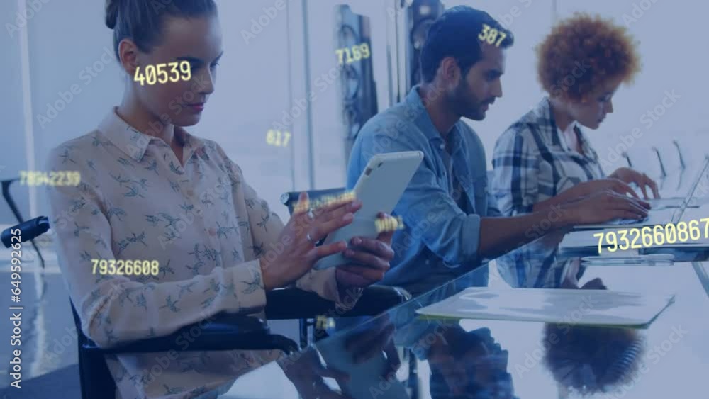 Aufkleber animation of changing numbers over diverse coworker working on laptop and using cellphone