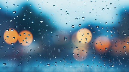 Close-up of raindrops on a window, with blurred city or nature in the background.