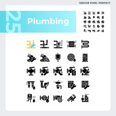 Pixel perfect glyph style icons set representing plumbing, simple silhouette illustration.