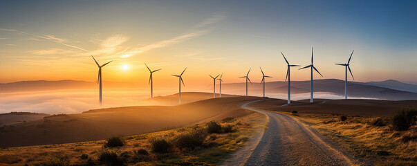 Wind farm at sunrise color landscape background. - Powered by Adobe