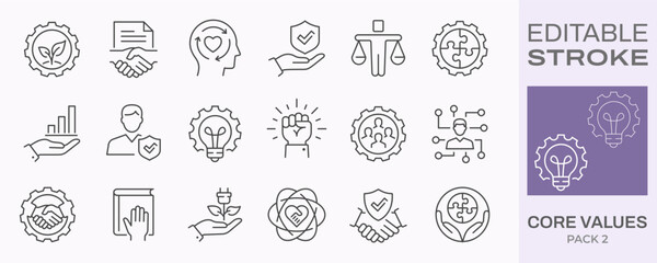 Core values icons, such as mission, business, company, handshake and more. Editable stroke.