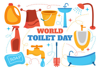 World Toilet Day Vector Illustration on 19 November with Earth and Equipment for Bathroom Hygiene Awareness in Flat Cartoon Background Design