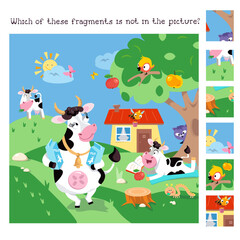 Find the hidden fragments. Educational game for kids. Animals on farm. Cartoon characters. Cute funny cows walk and read book. Vector illustration.