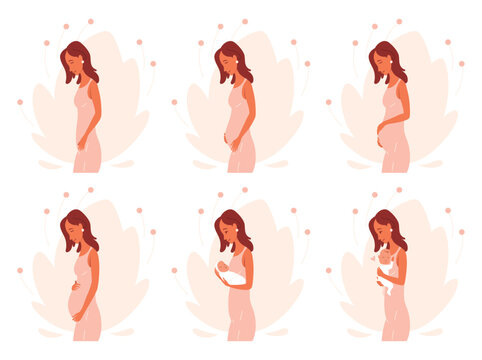 Pregnancy calendar concept. Woman goes from conception to childbirth. Stages of changes in female body during pregnancy. Cartoon flat vector set isolated on white background