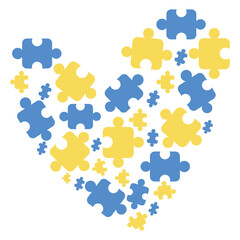 Heart made of small puzzles in blue and yellow. The concept of Support and love for Ukraine and the Ukrainian people
