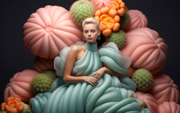 Elegant woman in soft pastel dress surrounded by inflated shapes and cacti. Sensitivity paradoxal background. Ai generated image
