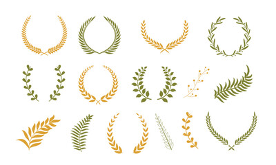 Collection of different golden, olive green, silhouette laurel foliate with Vector decorative elements & leaves decorative elements illustration