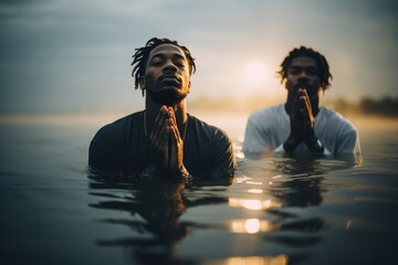 Baptism. Portrait of two young black man praying in the water at sunset. - obrazy, fototapety, plakaty