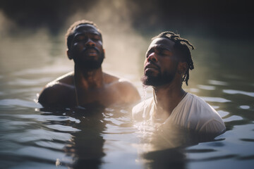 Baptism. Two black men in white standing in a river. Close-up in the sunrays