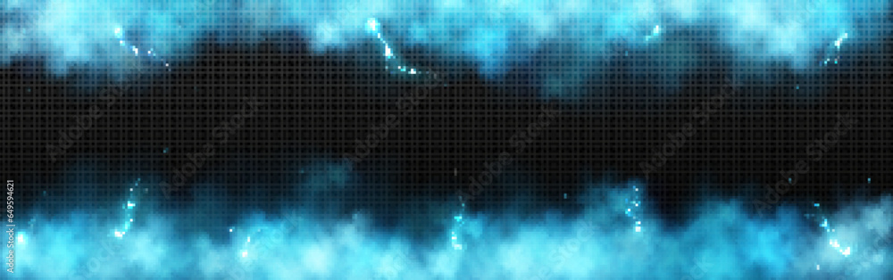 Poster blue lightning and smoke effect frame background. 3d abstract thunder glow cloud border design eleme