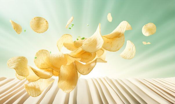 potato chips falling out of a green cup, in the style of photorealistic pastiche