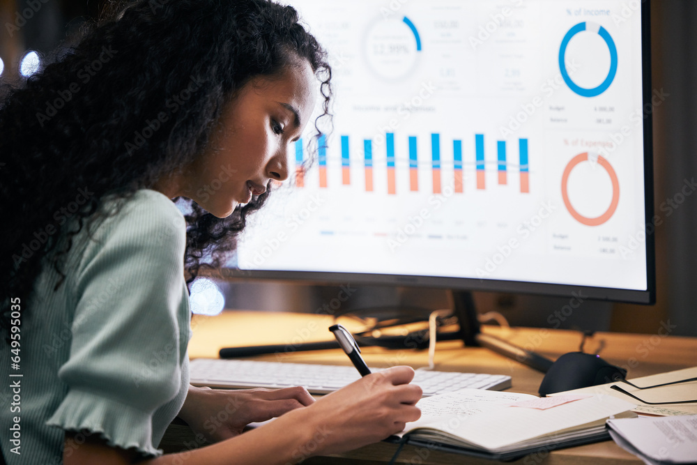 Aufkleber business woman, night and computer screen, data analysis with analytics, notes and productivity at o