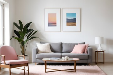 Contemporary Living Room with Gray Sofa, Pink Pillows, and Abstract Art Poster on White Wall - Modern Interior Design