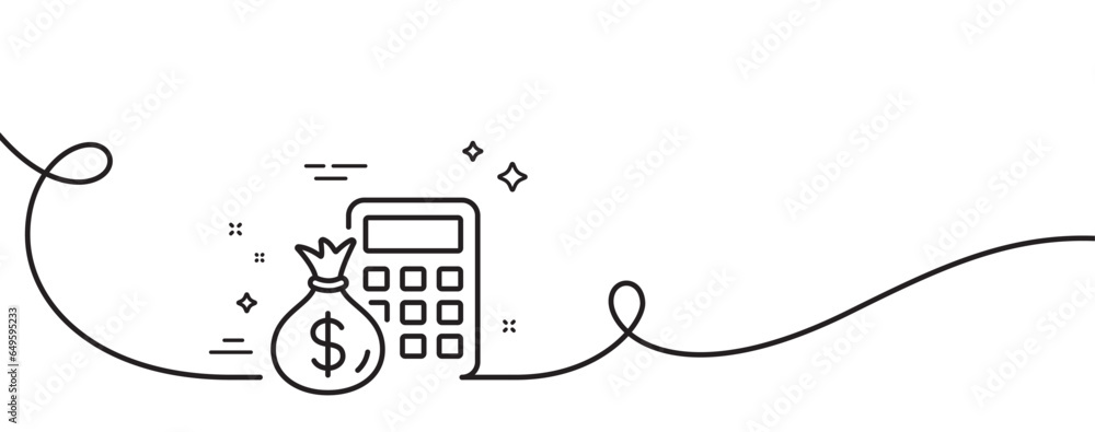 Poster calculator with money bag line icon. continuous one line with curl. accounting sign. calculate finan