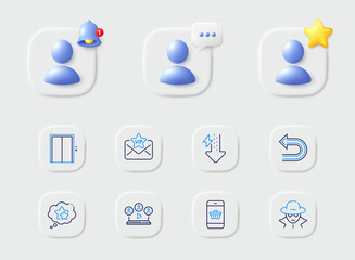 Lift, Ranking stars and Fraud line icons. Placeholder with 3d star, reminder bell, chat. Pack of Vip mail, Undo, Energy drops icon. Video conference, Smartphone buying pictogram. Vector