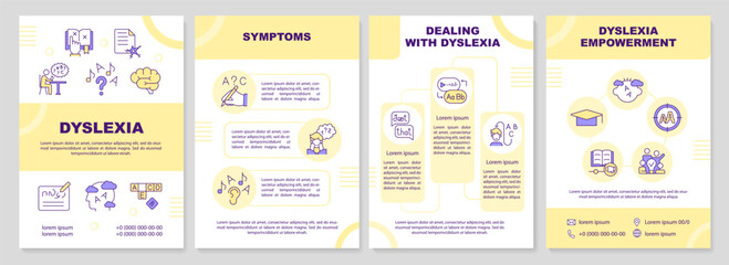 2D dyslexia yellow brochure template, leaflet design with thin line icons, 4 vector layouts. - obrazy, fototapety, plakaty