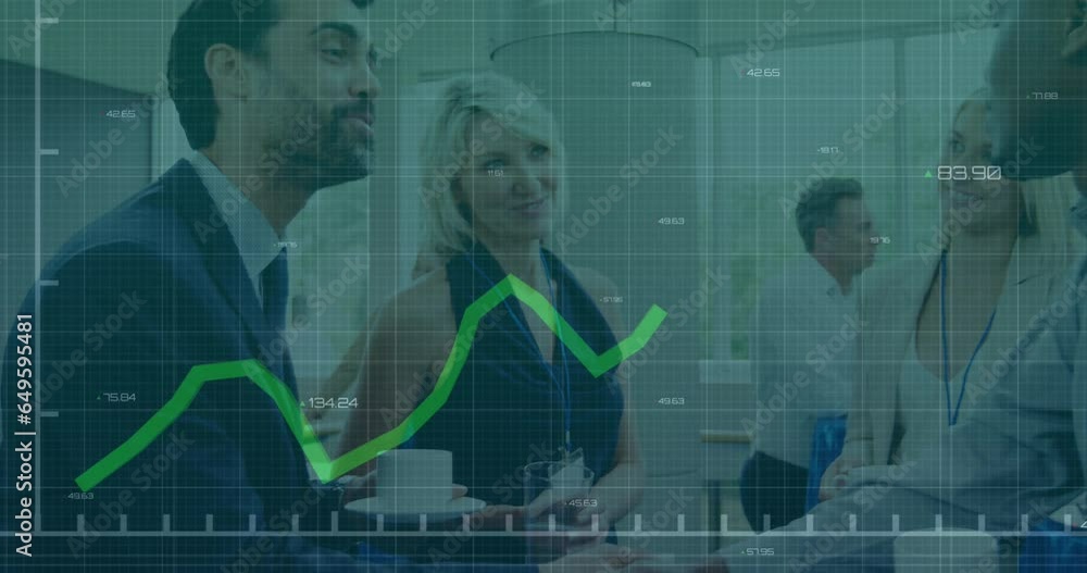 Poster animation of statistical data processing over diverse businesspeople shaking hands at office