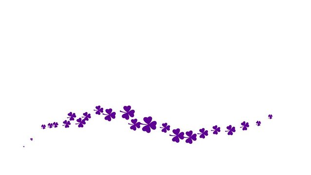 Animated violet symbol of leaf of clover. Icon of Іrish plant fly from left to right. A wave of clover. Concept of Patrick's Day. Looped video. Flat vector illustration isolated on white background.