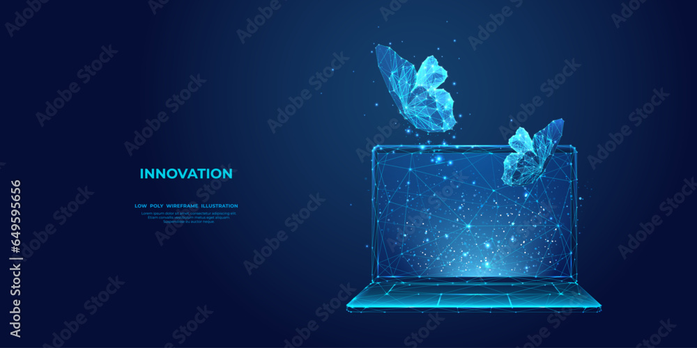 Poster abstract butterflies hologram flutter over the laptop. innovation or business freedom concept. freel