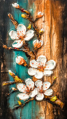 White flowers painted in oil on a wooden surface, generative AI.
