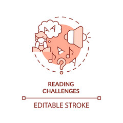 2D editable red icon reading challenges concept, simple isolated vector, dyslexia thin line illustration.