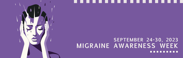 Migraine awareness week in September 2023 banner with purple colors and woman with headache. Vector concept design for disease support and healthcare