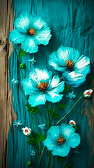 Flowers painted in oil on a blue wooden surface, generative AI.
