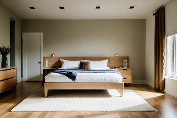 Fototapeta na wymiar Modern Farmhouse Charm Interior Design of a Bedroom with Hardwood Floors