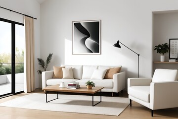 Modern Living Room Minimalist Interior Design with Shabby Leather Sofa, White Wall, and Art Poster