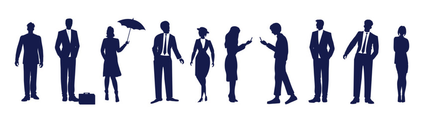 Silhouettes of business people - men and women with briefcase, smartphones, umbrella, walking, standing, front view, profile. Vector set of drawings isolated on a white background.