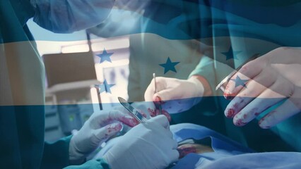 Animation of waving honduras flag against team of diverse surgeons performing operation at hospital - Powered by Adobe