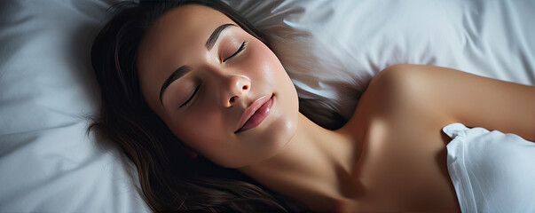 Fototapeta premium young woman sleep in bed peacefully and smile in dream.