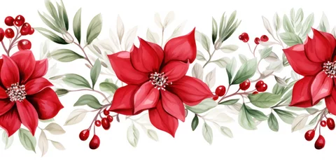 Fototapeten abstract Christmas winter holiday flower pattern texture red floral mistletoe berries on white background watercolor illustration © annaspoka