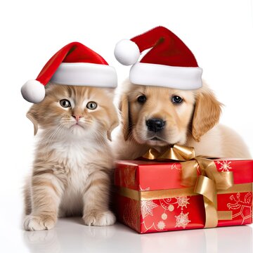 Cute pets with Christmas hats and red Xmas gift. Gnerative AI