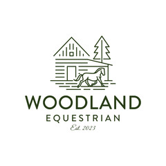 Rural Farm Barn Cabin Stable with Horse and Pine Tree. Serene Countryside Landscape