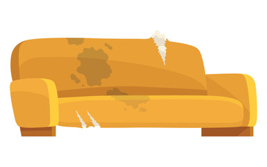 Broken sofa icon. Torn old couche for living room isolated on white background. Damaged indoor old furniture messy seat of sofa. Vector interior object in cartoon style