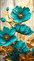 Blue flowers painted in oil on a wooden surface, generative AI.