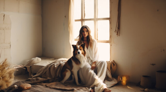 A young woman sitting in a minimalist boho-style interior with her dog. A photograph reminiscent of a travel magazine.