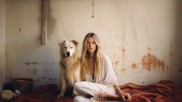 A young woman sitting in a minimalist boho-style interior with her dog. A photograph reminiscent of a travel magazine.