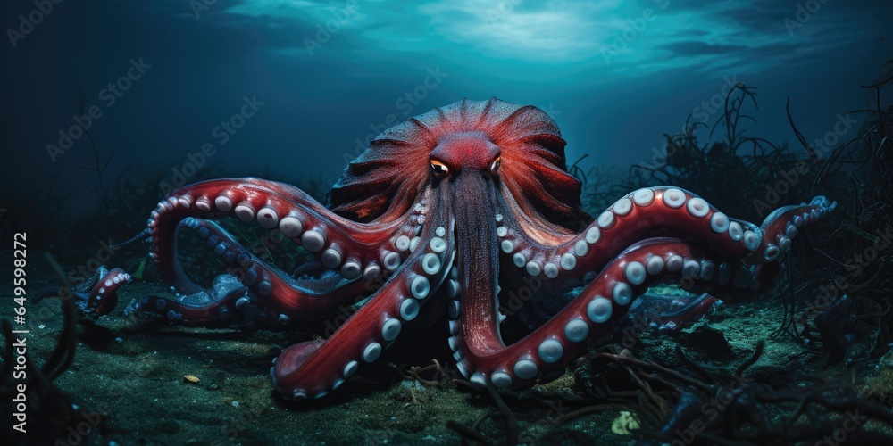 Sticker giant octopus hiding in the darkness, Generative AI