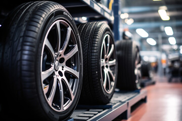 New car wheel and tires on tire storage rack for sale at tyre store. Balck rubber car tire with modern tread at auto repair service center. Changing tire shop. Automotive service. - obrazy, fototapety, plakaty