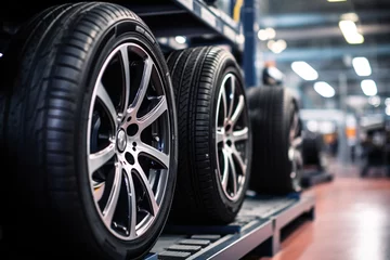 Fotobehang New car wheel and tires on tire storage rack for sale at tyre store. Balck rubber car tire with modern tread at auto repair service center. Changing tire shop. Automotive service. © Artinun
